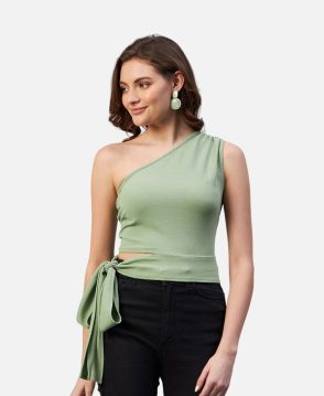 Pista Green Colour One Shoulder Solid Top For Women